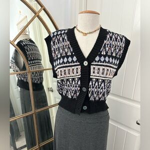 Retro Geometric Pattern V-Neck Cardigan Sweater Vest size M